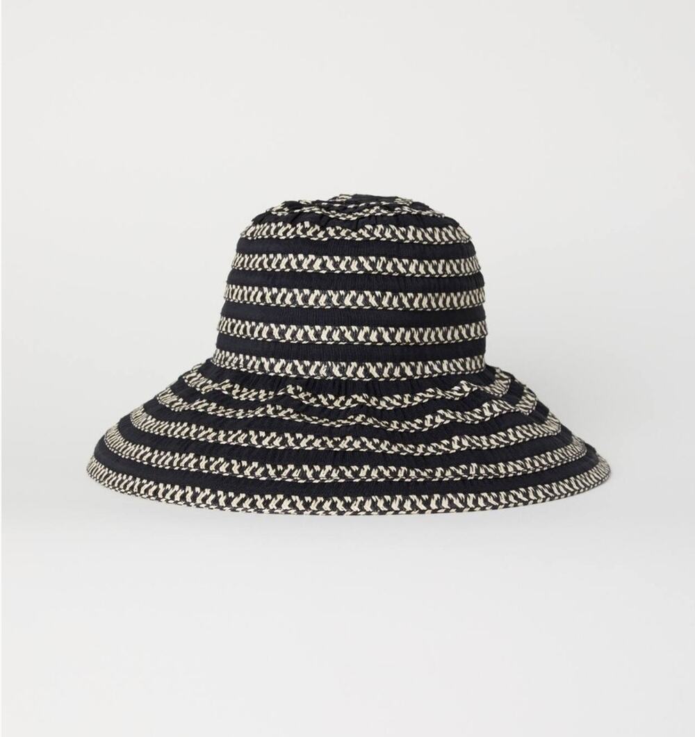 H&M Braided Straw Floppy Brim Sun Hat Size Medium Black Beige